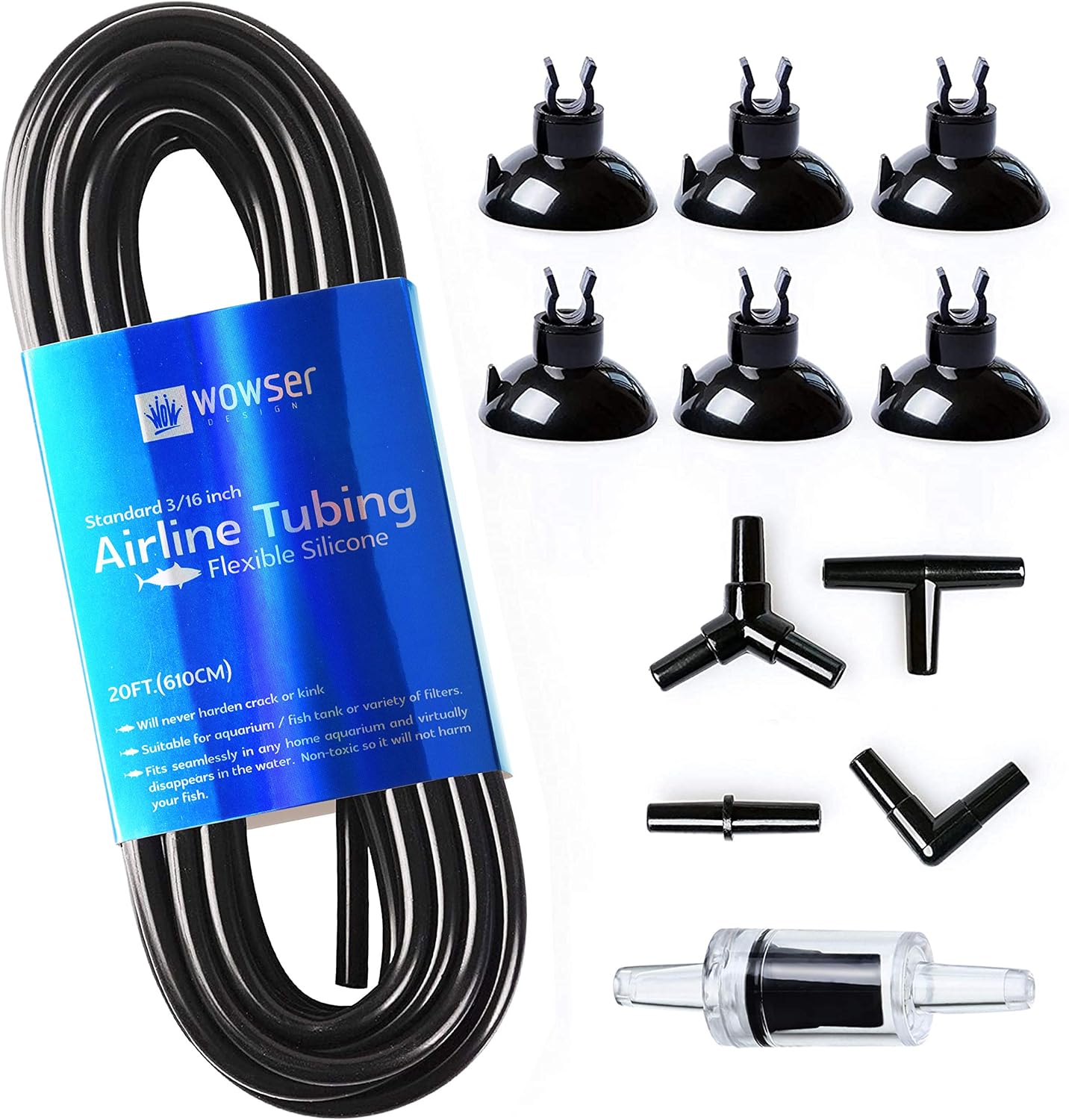 WOW Design 3/16-Inch Professional Flexible Airline Tubing Standard Aquarium Air Pump Accessories with Check Valves, Suction Cups and Connectors, 20 Feet (Clear-Black) : Pet Supplies