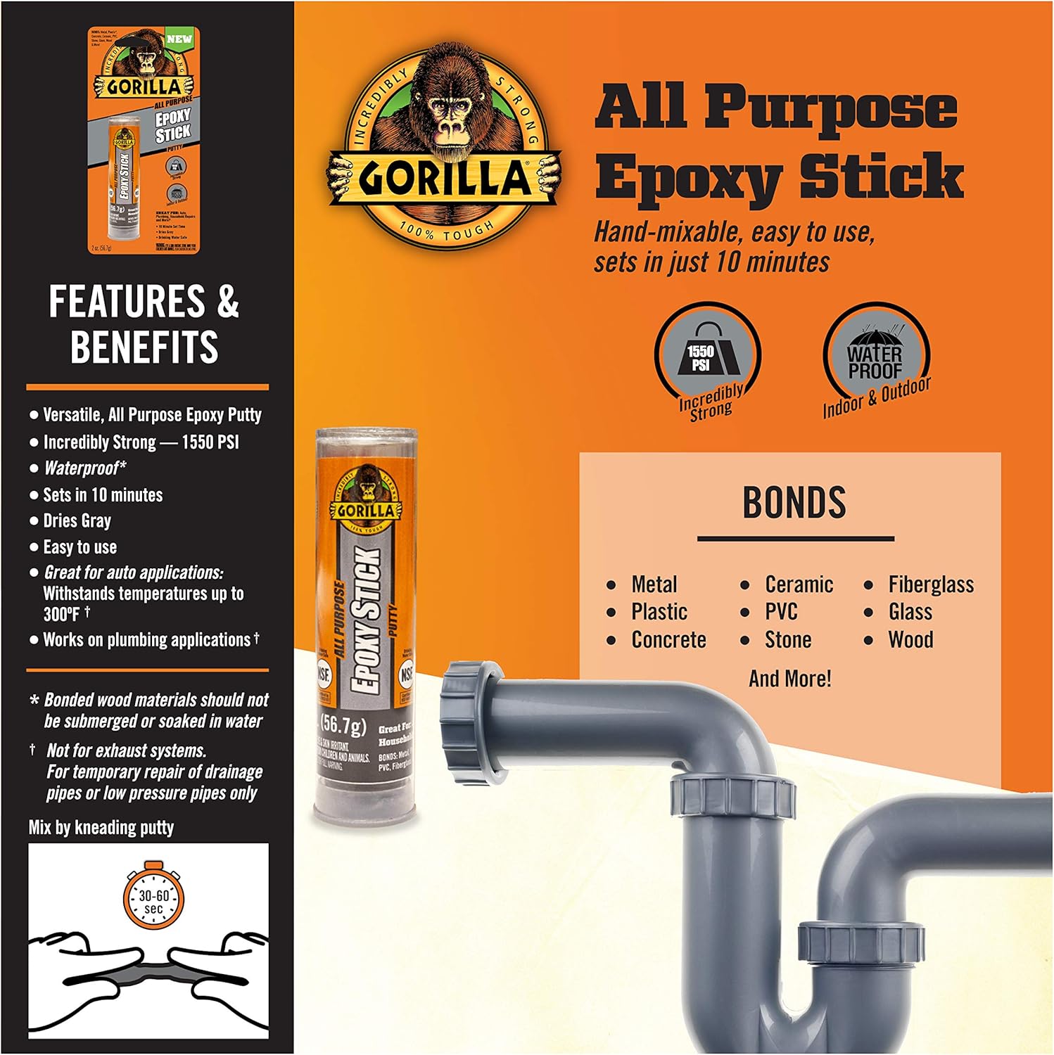 Gorilla All Purpose Epoxy Putty Stick, 2 ounce, Grey, (Pack of 1): Home Improvement