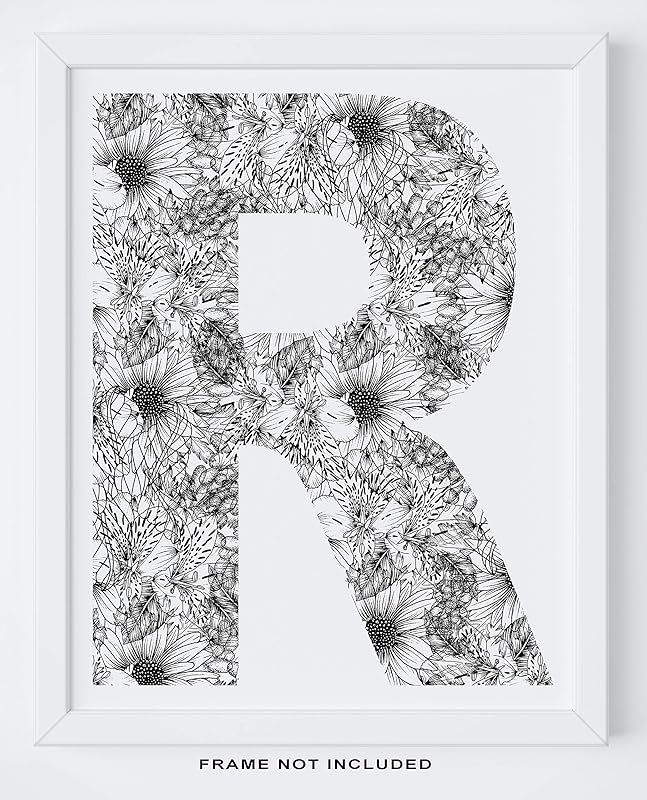 Amazon Com R Initial Wall Decor 11x14 Unframed Wall Print Modern Minimal Black And White Floral Line Typography Drawing Country Rustic Farmhouse Boho Shabby Chic Abc Wall Art Monogrammed Gifts Handmade