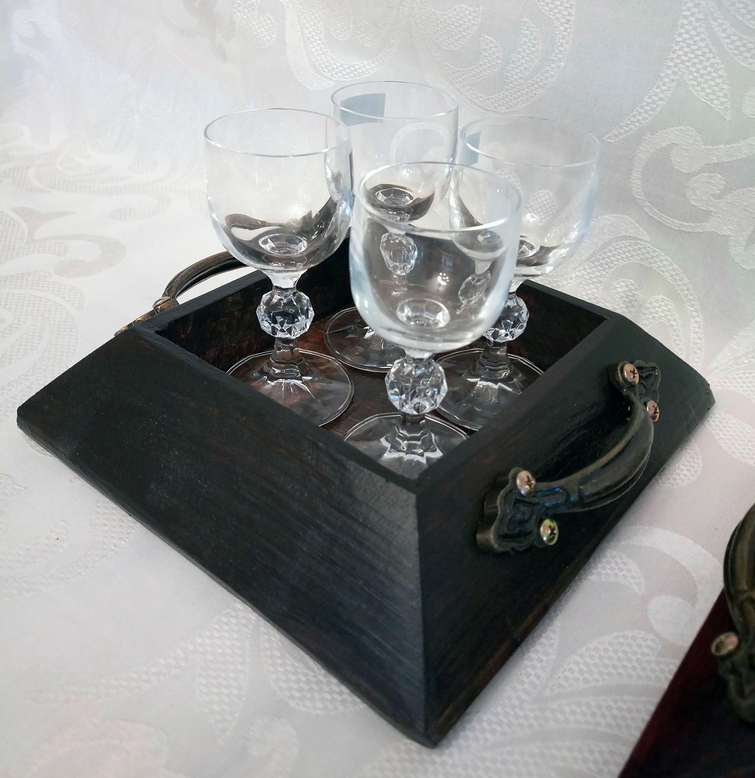 Small square handmade rustic wood serving tray with removable divider. Place your favorite wine | drinking | shot glass inside. Small size fits many places.