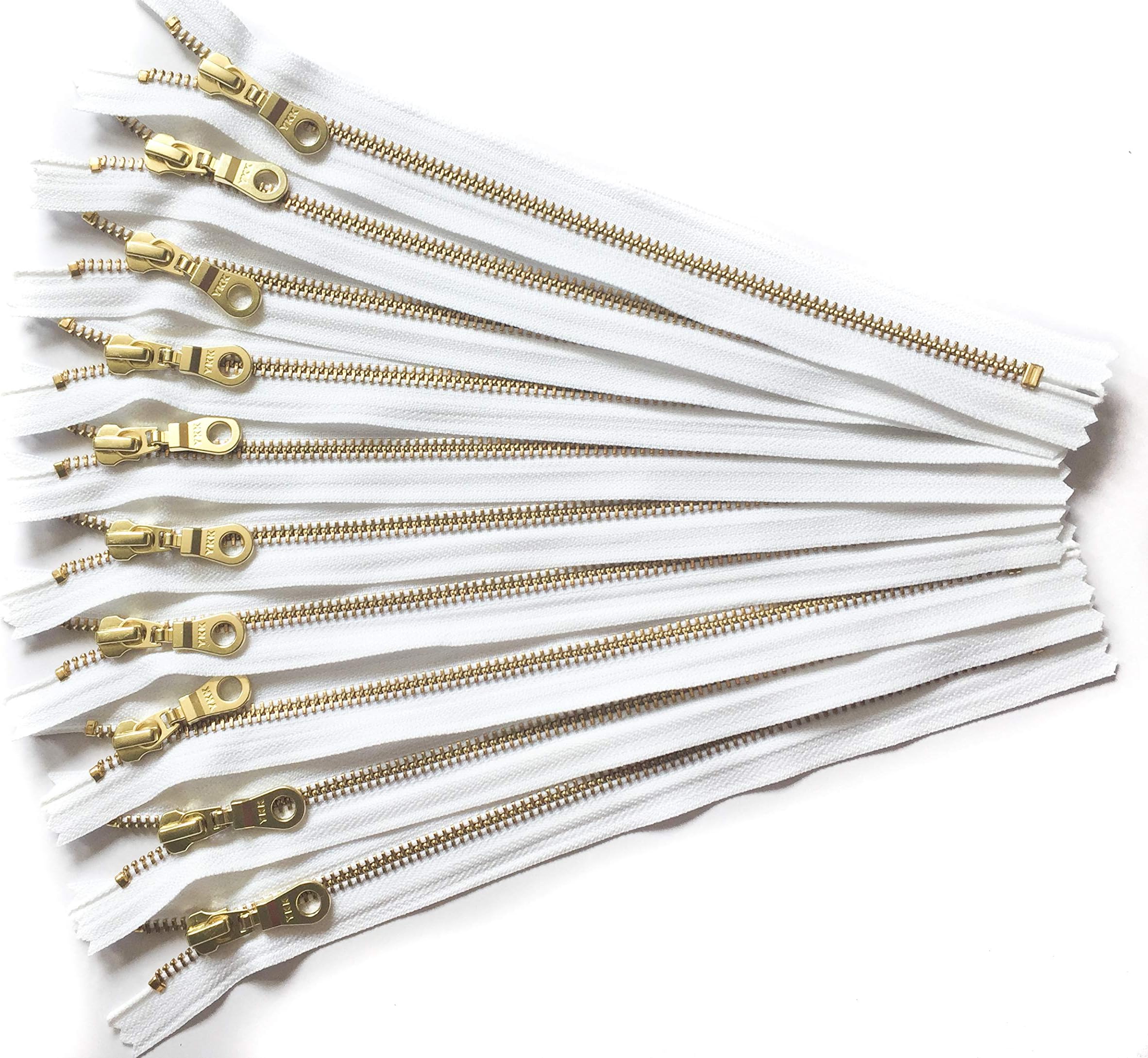 YKK Gold Metal Zippers with Donut Pull 14 Inch Number 5 in White Set of 12 Pieces by Craftbot