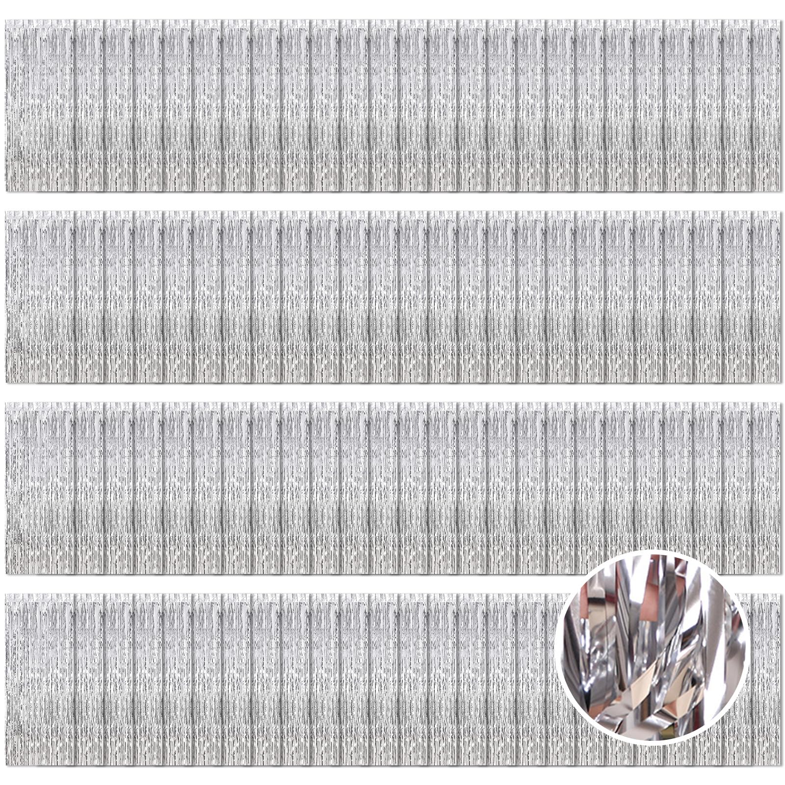 Photo 1 of 100 Pack Silver Foil Fringe Backdrop Curtains 3.2ft x 8.2ft Silver Tinsel Foil Fringe Curtains for Birthday Party Decorations Photo Booth Backdrop for Halloween Christmas New Year Holiday Decorations