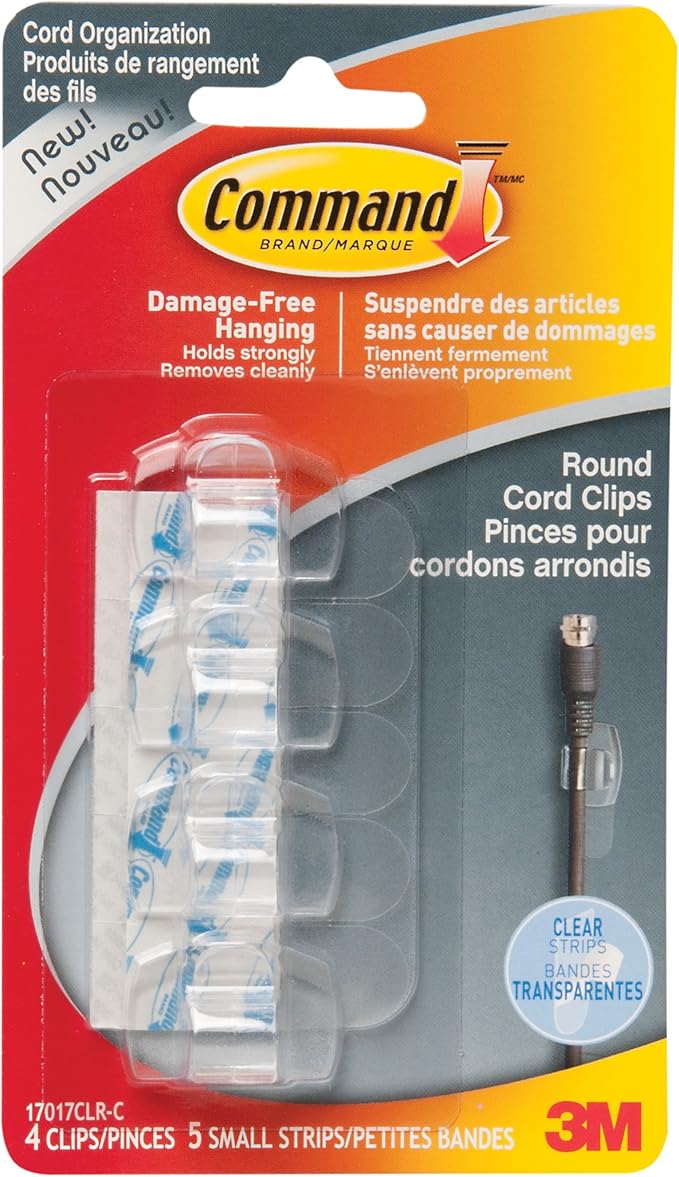 Command Round Cord Clips, Small, Clear, 4 Clips 5 Small Strips, Cable