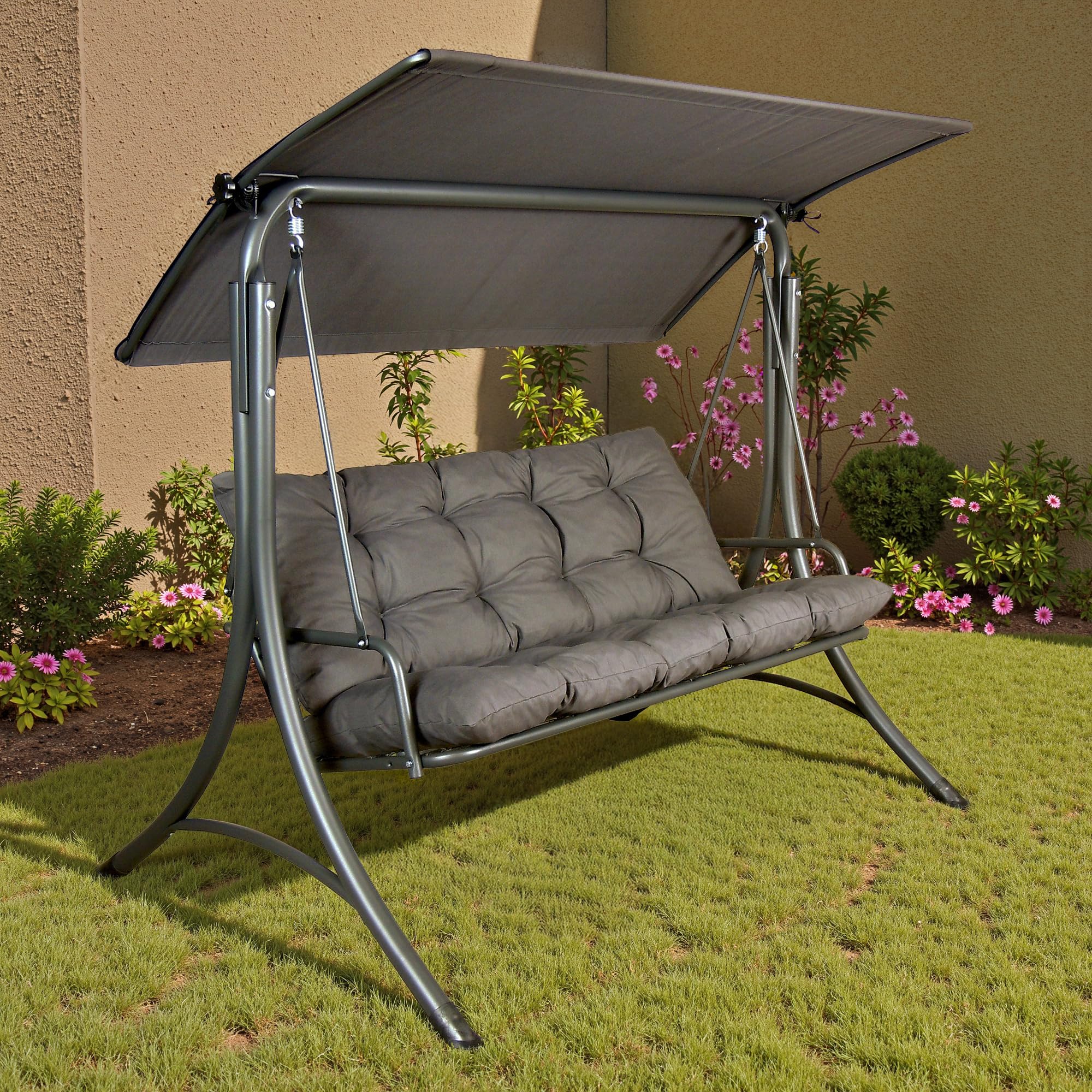 Photo 1 of **CANOPY AND HARDWARE MISSING**


SUNJOY 3-Seat Deluxe Outdoor Porch Swing, Outdoor Patio Garden Swing with Steel Frame, Adjustable Canopy, Cushions & Backrest Included for Garden, Poolside, Backyard, Grey - Made in Italy