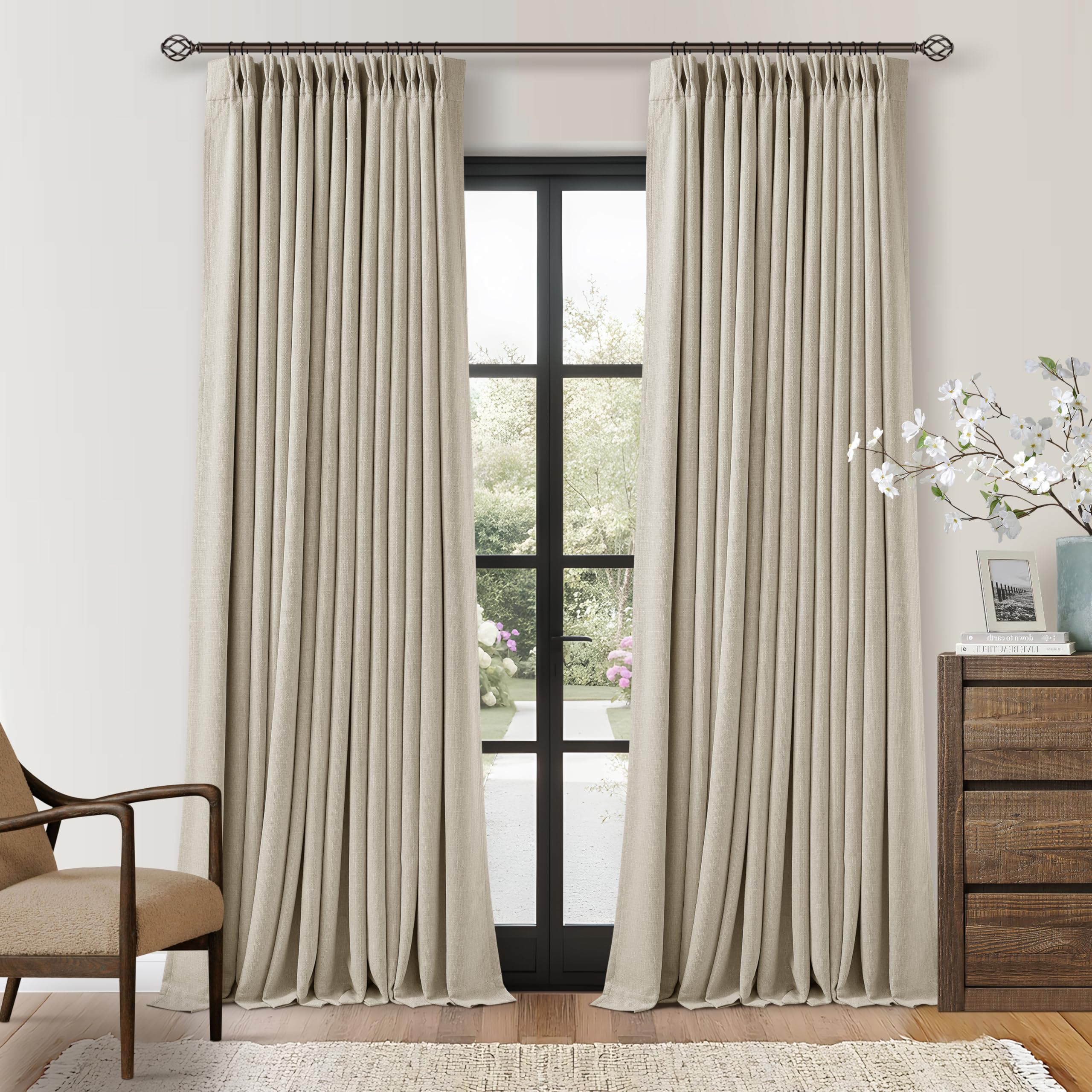 Photo 1 of 108 Inch Pinch Pleat Blackout Curtains 108 Inches Long for Bedroom Neutral Farmhouse 100% Black Out Room Darkening Burlap Thick Linen Double Layer Pleated Curtain 2 Panels Set Oatmeal Beige Sand