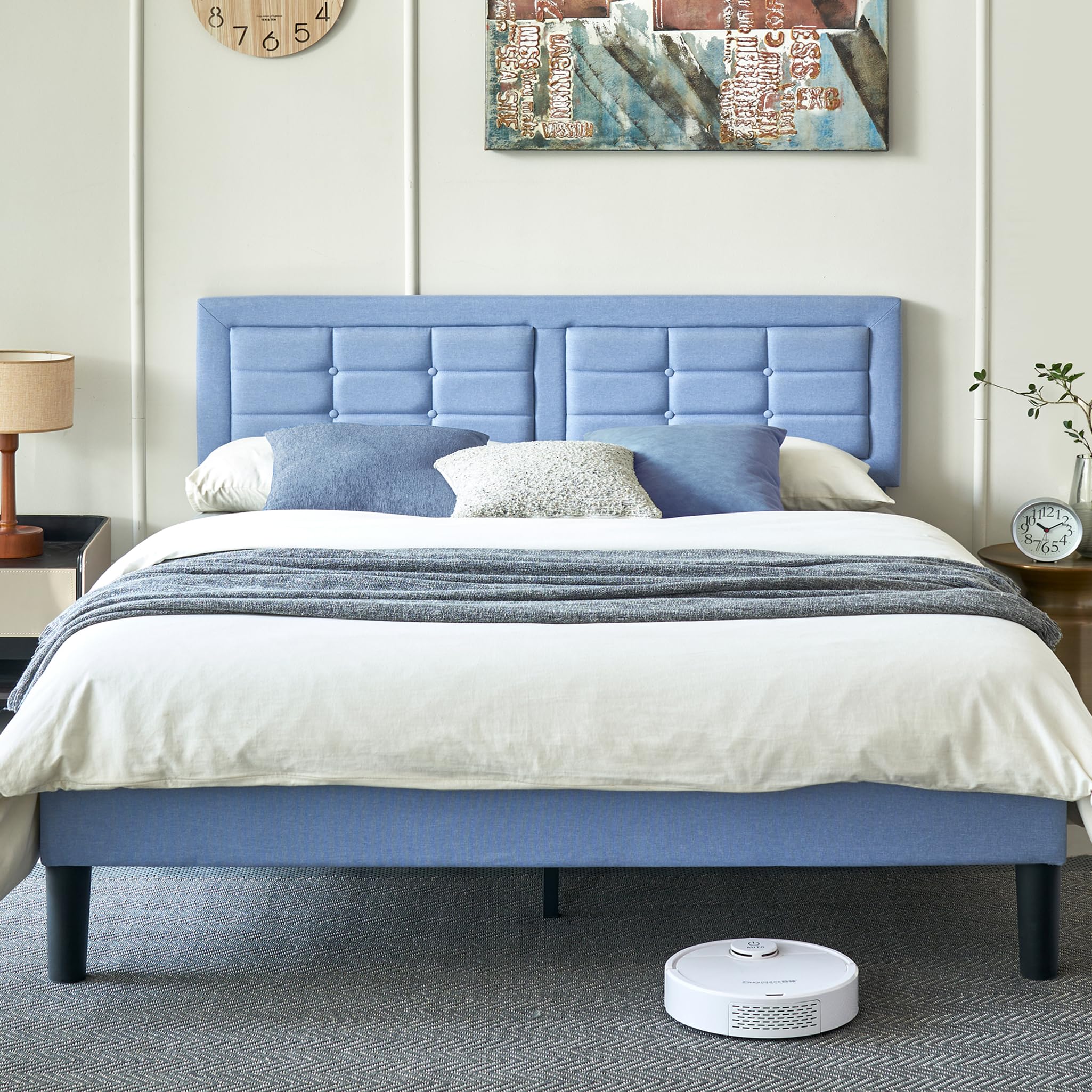 VECELO Queen Size Bed Frame with Adjustable Headboard, Upholstered Button Tufted Platform Bedframe with Wood Slats Support, No Box Spring Needed, Light Blue Image VECELO Queen Size Bed Frame with Adjustable Headboard, Upholstered Button Tufted Platform Bedframe with Wood Slats Support, No Box Spring Needed, Light Blue Image