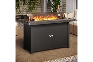 LAUSAINT HOME Propane Fire Pit Table 43 Inch with Lid, 55,000 BTU Gas Fire Pits for Outside Patio with Glass Wind Guard, Gray Glass Beads