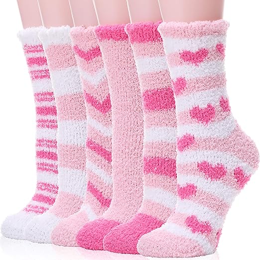 Womens Girls Fuzzy Slipper Socks 6 Pairs Cabin Fluffy Soft Cozy Winter