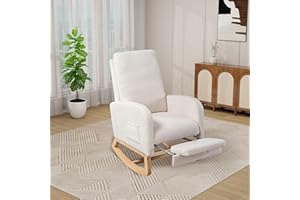 ZKZLAT Rocking Chair Nursery, High Back Glider Chair with Retractable Foot Rest, Side Pocket, Rocking Accent Armchair with Rubber Wood Legs, for Indoor Living Room Bedroom.(Ivory 1)
