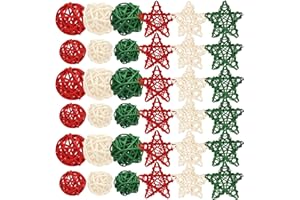 Lucleag 36Pcs Christmas Rattan Balls Star Decorations, Red White Green Natural Wicker Balls Star Ornament Vase Filler DIY Craft with Hemp Rope for Xmas Tree Home Table Decorations Party Supplies