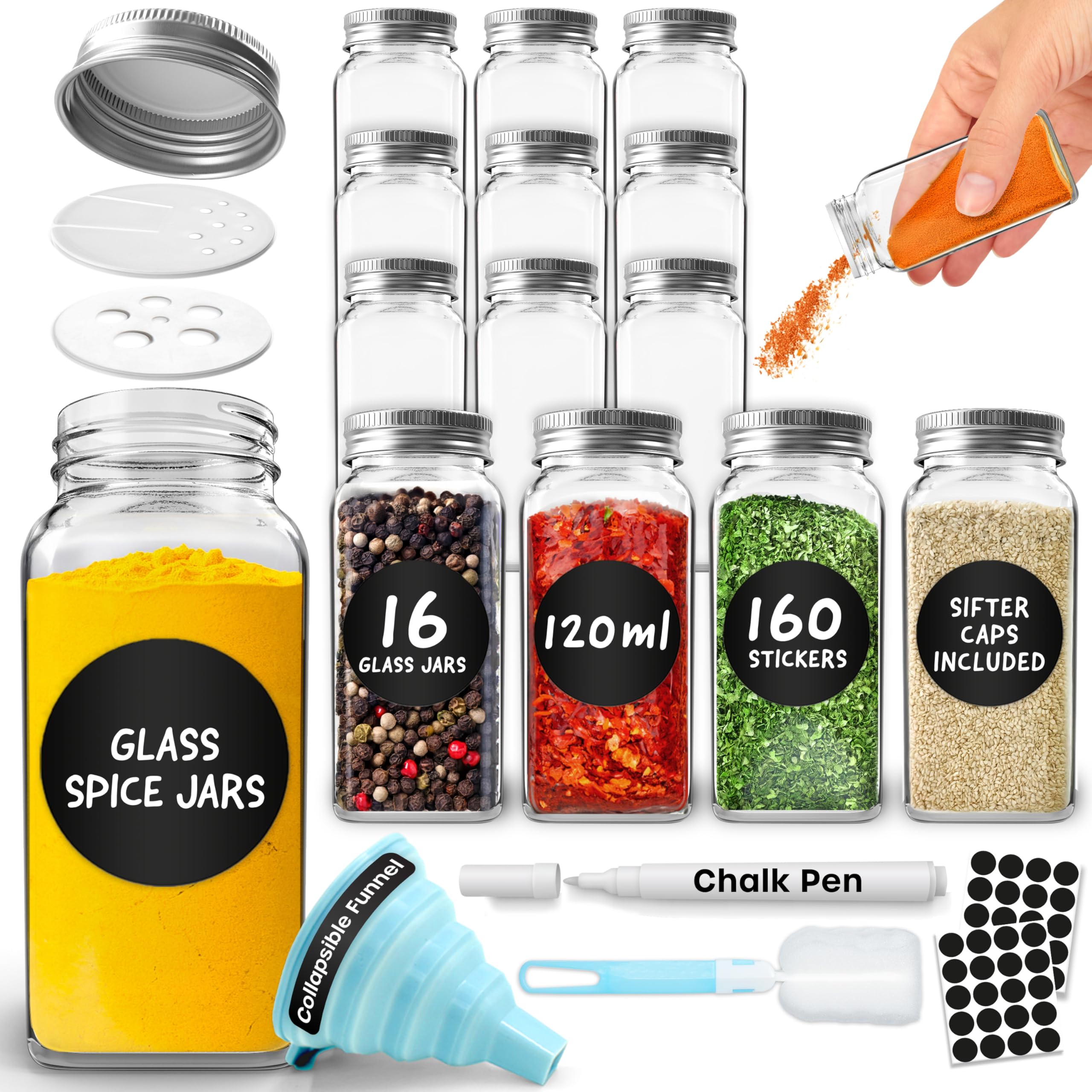 volila Spice Jars - 16 Pack 120ml Glass Spice Jars with Lids and Labels, Stickers, Pen, Cleaning Sponge and Funnel - Refillable Square Seasoning Jars for Spices, Herbs, Salt and Pepper