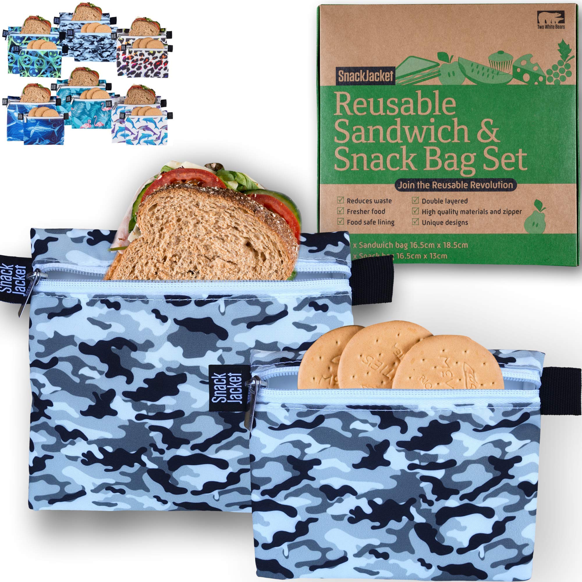 Reusable Sandwich & Snack Bags - by SnackJacket | Set of 2 | Eco Friendly Lunch Bags | 1 Tree Planted | Zero Waste Alternative to Plastic, Cling Film and Tin Foil. (Camouflage)