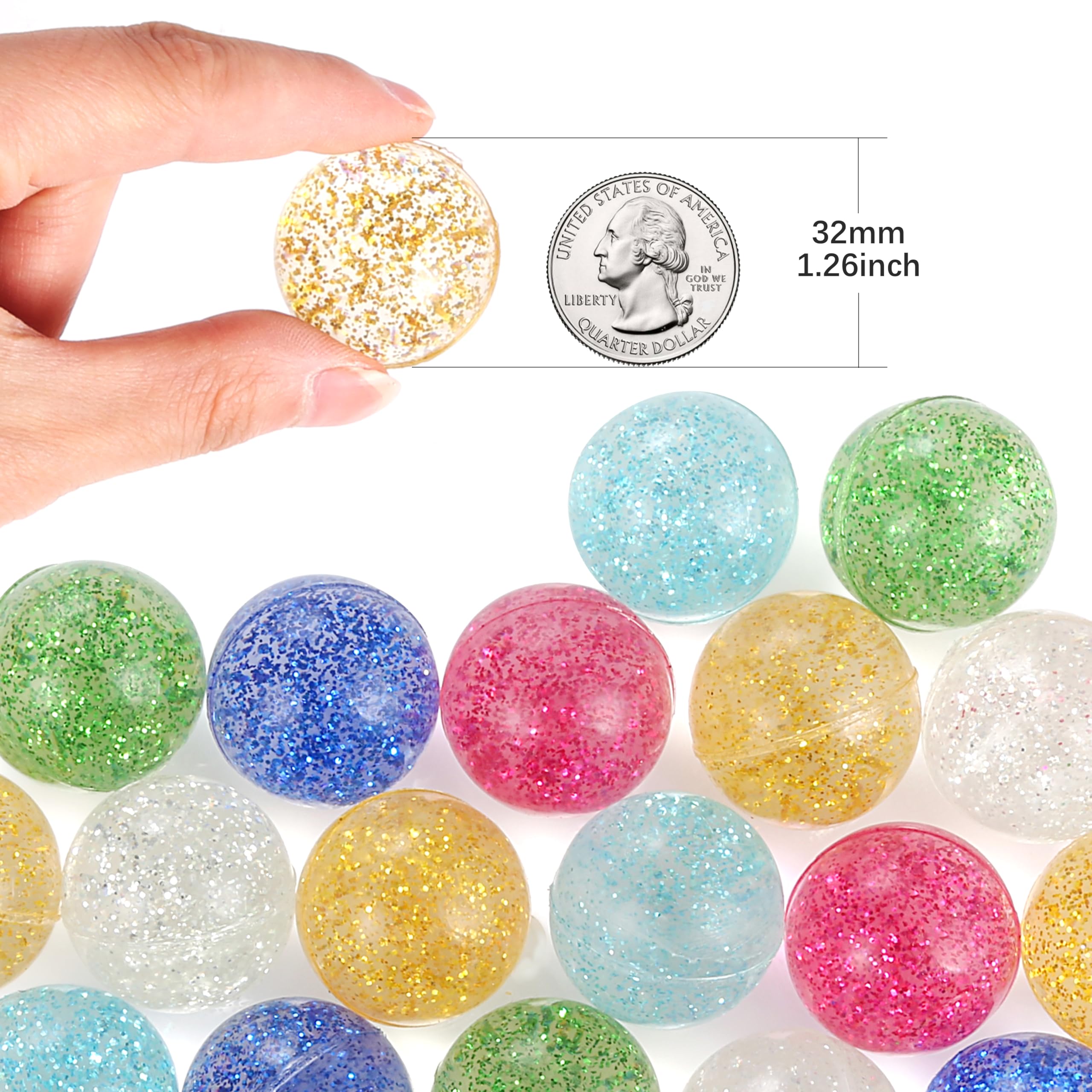 Pllieay 24pcs Bouncy Balls - Glitter Bounce Balls, 32mm 6 Colors for Kids, Party Favors and Goodie Bag Fillers, Pinata Stuffers, Classroom Prizes
