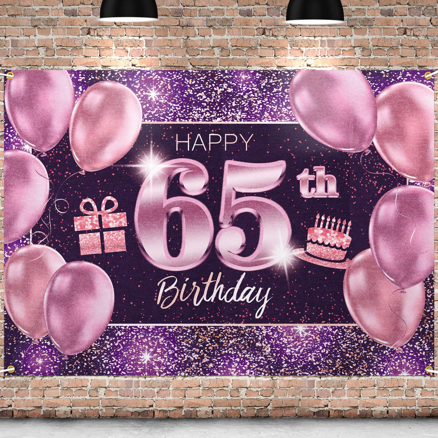 PAKBOOM Happy 65th Birthday Banner Backdrop - 65 Birthday Party Decorations Supplies for Women - Pink Purple Gold 4 x 6ft