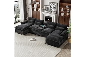 ONEMMLION U Shaped Cloud Couch Sectional 124" Comfy Chenille Fluffy Light Black Sectional Couches for Living Room with Double Chaise Lounge, Modern Modular Sectional Sofa with Central Console USB Port