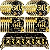 41Pcs 50th Birthday Decorations for Men Women,Black Gold 50th Year Old Party Tableware Set Back in 1975 Happy 50th Birthday Plates Napkins Tablecloth丨Cheers to 50 Years Party Supplies,Serve 20