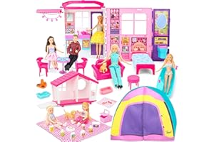Style Shine Doll House Portable & Foldable Dollhouse w/ 60+ Pcs & 2 Dolls, Play House Toy with Bedroom Kitchen Pet House Camping Playset, Playhouse Birthday Gift for Girl Kid Toddler