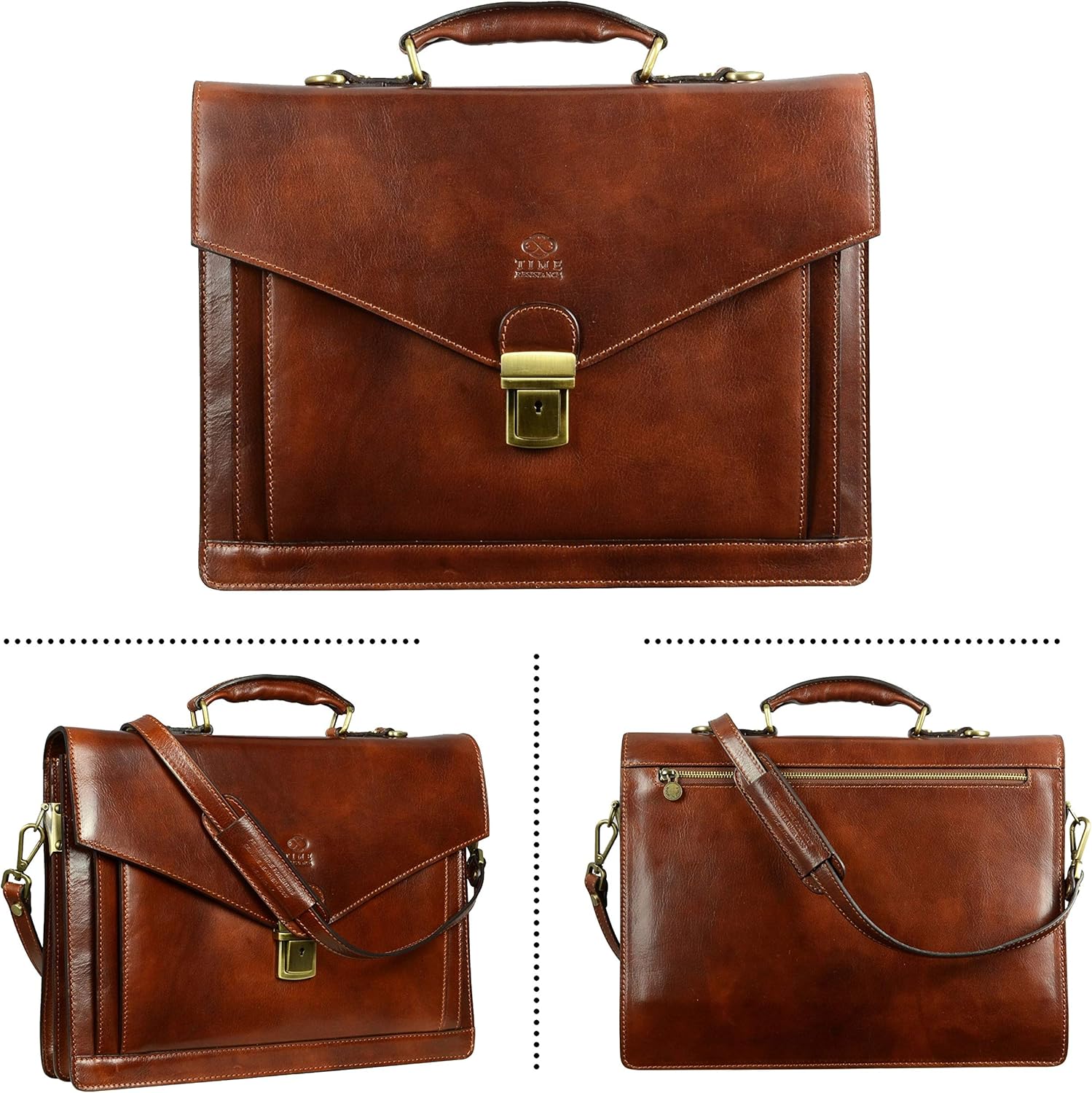 Time Resistance Leather Briefcase - Full Grain Leather Bag for Men - Business Attache - Shoulder Bag for a Laptop (Brown) - Image 5