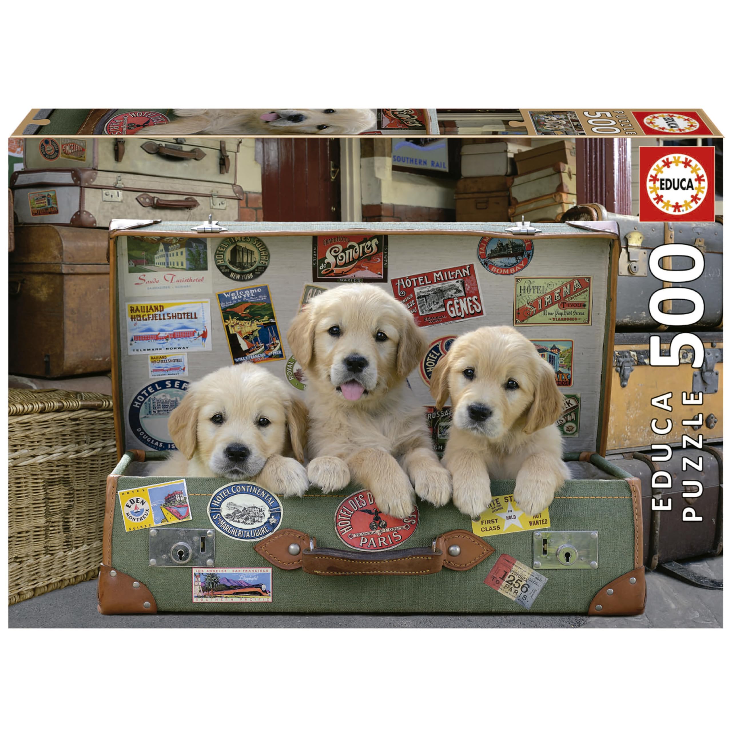 Educa - Genuine Puzzles. Puppies in Luggage. Children's and Adult Puzzle 500 pieces. Ref. 17645