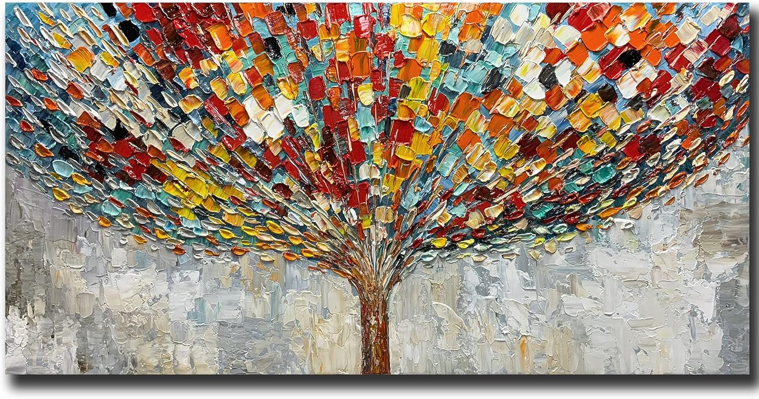 Paintings - Tiancheng Art,24x48 Inch Modern Abstract Tree Art Hand-Painted Oil Paintings Acrylic Canvas Colorful Wall Art for Living Room Bedroom Decorations