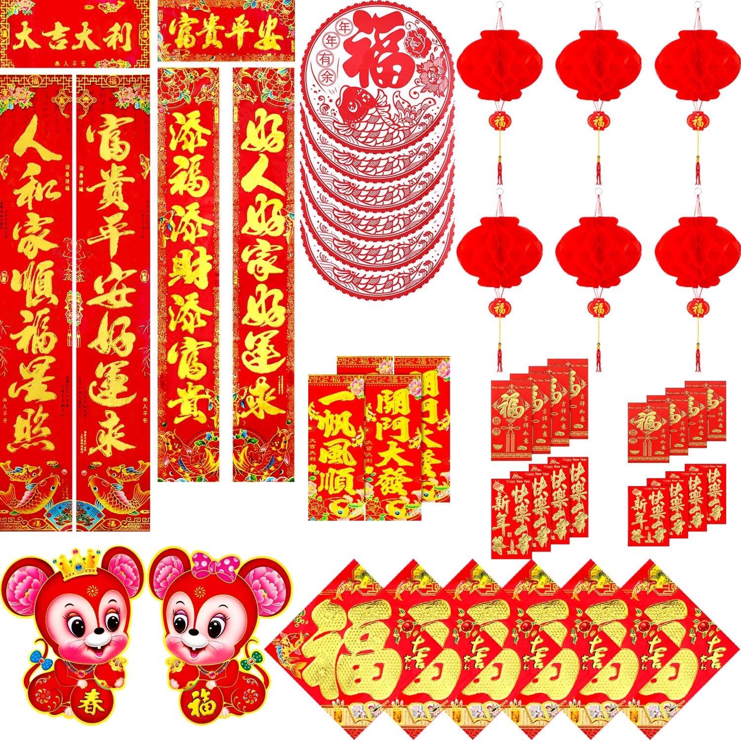 46 Pieces Chinese New Year Decoration Red Envelopes Chinese Couplets With Banner Rat Year Door Sticker Red Hanging Lanterns Chinese Fu Character Window Stickers For 2020 Spring Festival Party Buy Online In