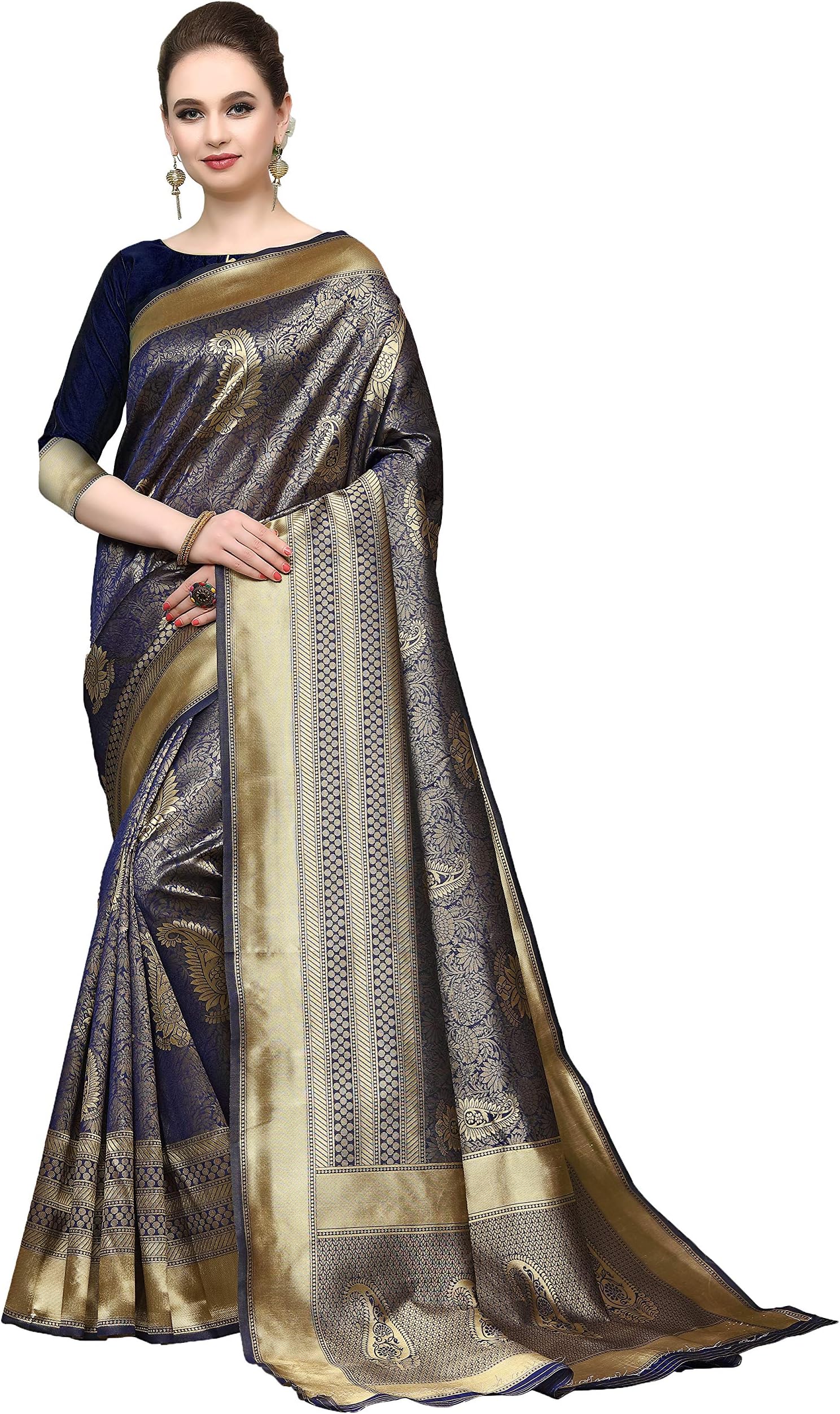 Cotton Shopy Women's Banarasi Cotton Silk Blend Saree With Unstitched Blouse Pieces