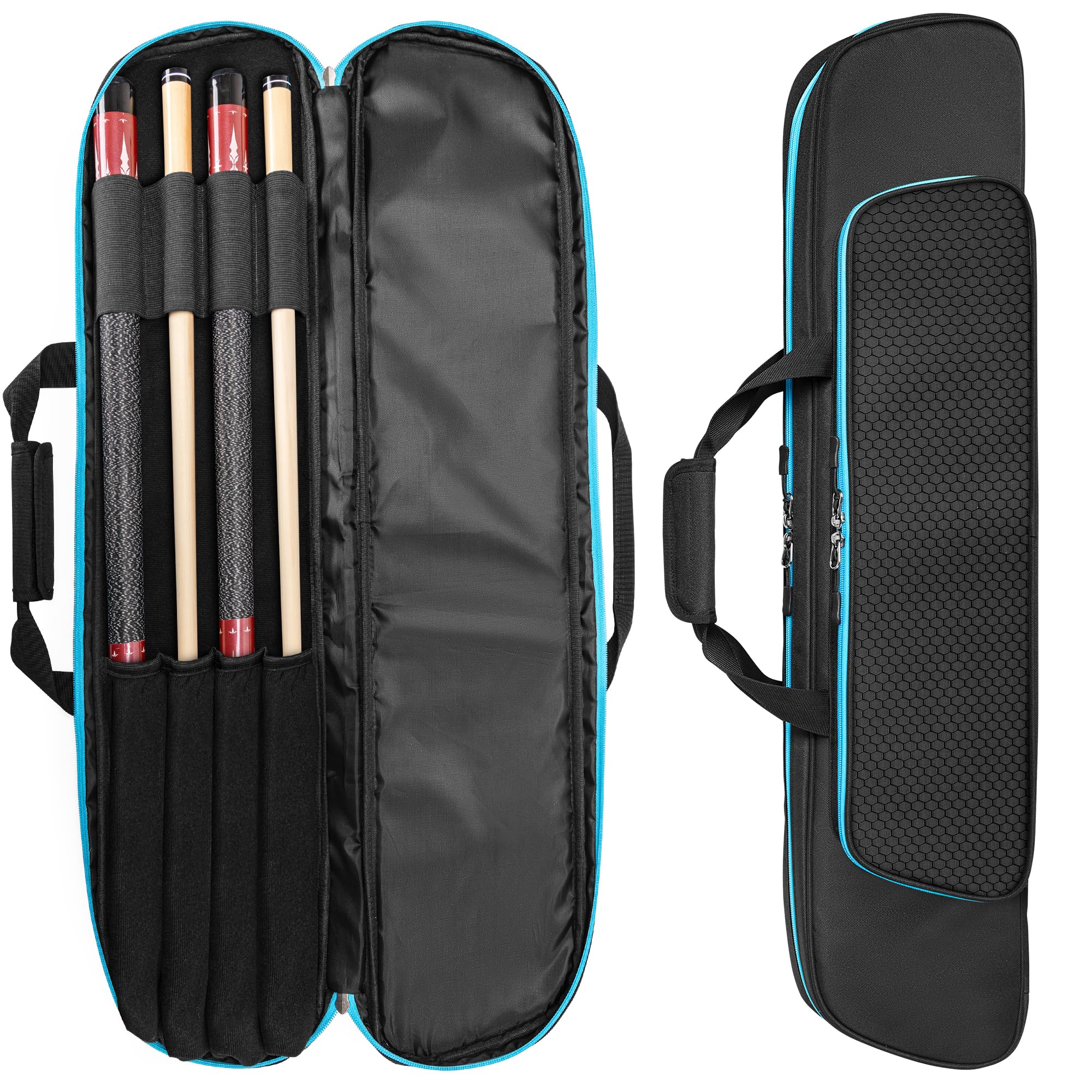 GOBUROS 2x2 Pool Cue Case for 2 Bases and 2 Poles, Soft Cue Holder with Front Accessory Pocket, Pool Cue Bags with Shoulder Strap for Easy Carry (Blue)