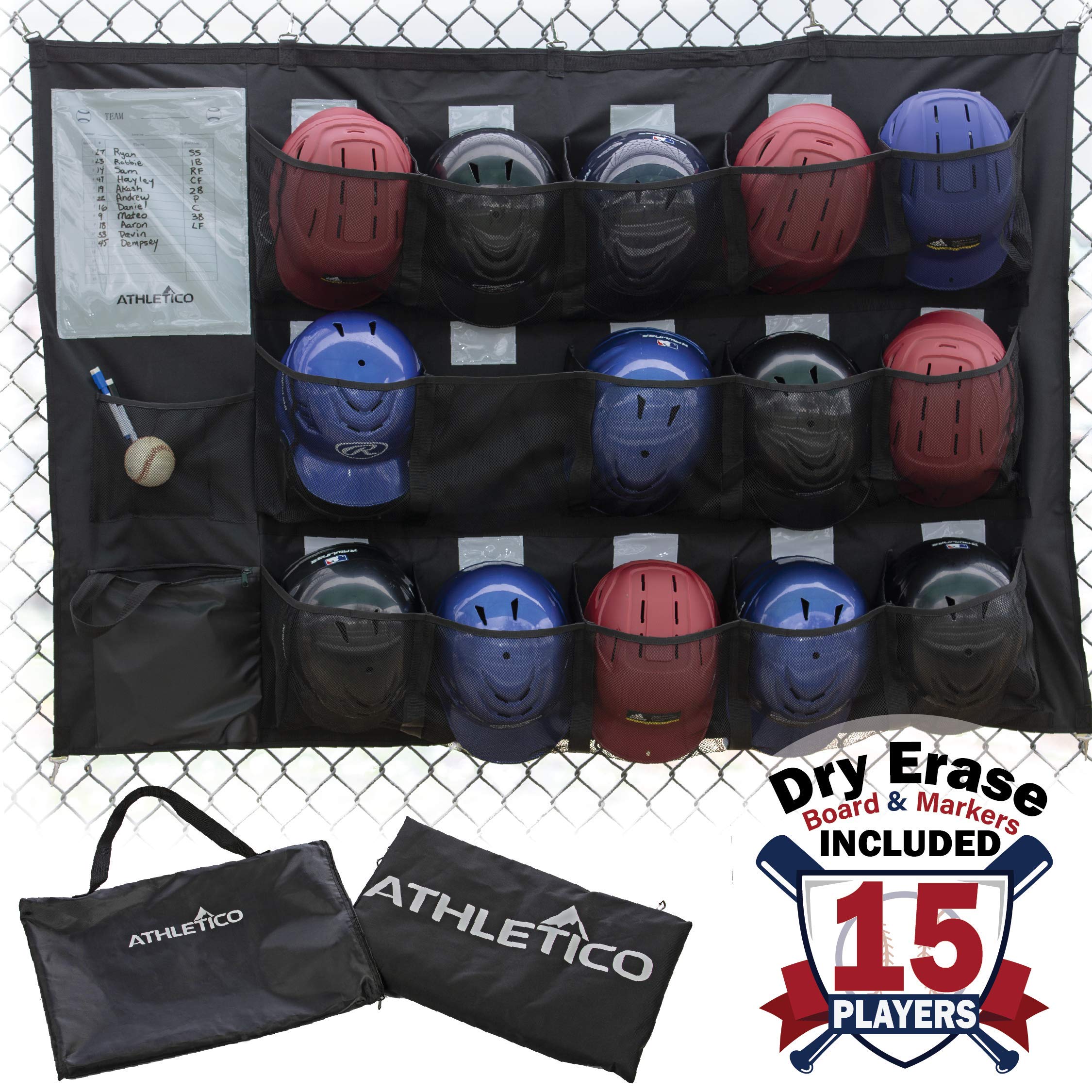 Athletico 15 Player Dugout Organizer - Hanging Baseball Helmet Bag to Organize Baseball Equipment Including Gloves, Helmets, Batting Gloves, Balls, & More