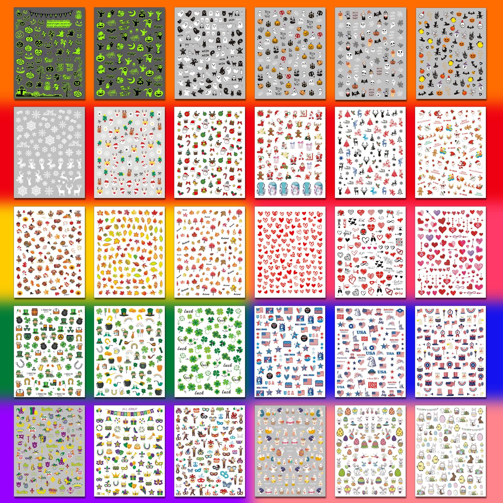 IDDFEVE 30 Sheets 8 Holiday Nail Art Stickers, Variety Pack All Season Nail Decals for All Year, Self-Adhesive Pegatinas Uñas 4th of July Halloween Fall Christmas Valentine St. Patrick's - Image 7