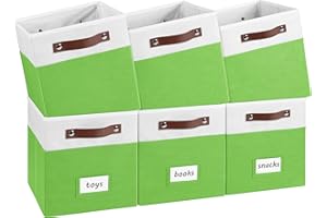 FINISHINGBO 6-Pack Collapsible Fabric Storage Cubes with Handles & Label Holders, Closet Cube Home Organizer Bins (White/Light Green, 10.5 * 10.5 * 11 inch)