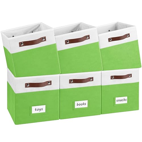 6-Pack Collapsible Fabric Storage Cubes with Handles & Label Holders, Closet Cube Home Organizer Bins (White/Light Green, 10.5 * 10.5 * 11 inch)