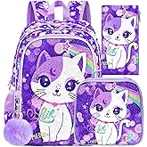 UFNDC 3PCS Backpack for Girls with Lunch Box,16”Kids Sequin Bookbag with Lunch Box, School Bag for Elementary Toddler