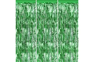 YEURFONTASY Green 3 Pack Metallic Tinsel Foil Fringe Curtains, 3.3x8.3 Feet Green Backdrop for Party, Door Streamers Party Decorations, Party Streamers for Birthday Christmas Party Decorations