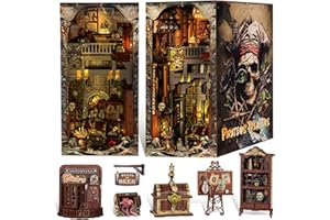FUILTEE DIY Book Nook Kit, 3D Wooden Puzzle Bookends Bookshelf Booknook, Miniature Dollhouse, Pirate Ship Model with LED Light, Dust Cover, Gift for Adults and Teens(Pirate's Treasure)