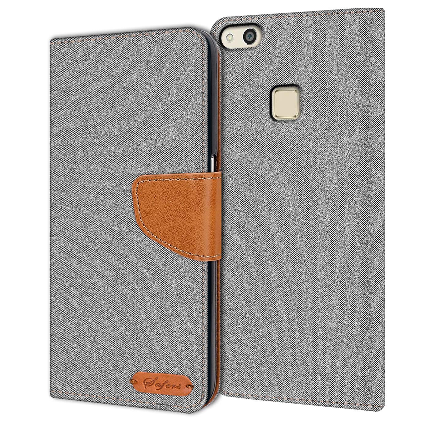 Verco Phone Wallet Case compatible with the Huawei P10 Lite, Canvas Faux Leather Book Cover for the P10 Lite Flip Case Bag Hinged - Grey