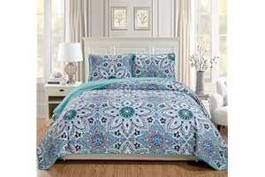 Fancy Linen 3pc Quilted Coverlet Bedspread Set Over Size Bed Cover New (King/California King, Turquoise Blue Floral)