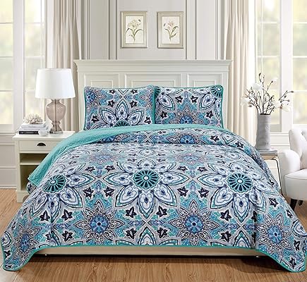 Linen Plus Quilted Bedspread Floral Turquoise Twin XL