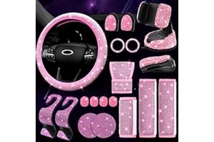 ARTILAURA 19 Pack Bling Car Accessories for Women, Steering Wheel Cover Universal Fit 15 Inch, Car Seat Belt Covers, Gear Shift Cover, Phone Holder, Cup Coasters, Pink Car Accessories Set