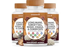 SUPERFOOD MD Lions Mane Mushroom Supplement with Turkey Tail Reishi Cordyceps Chaga with Marshmallow Root - 180 Count