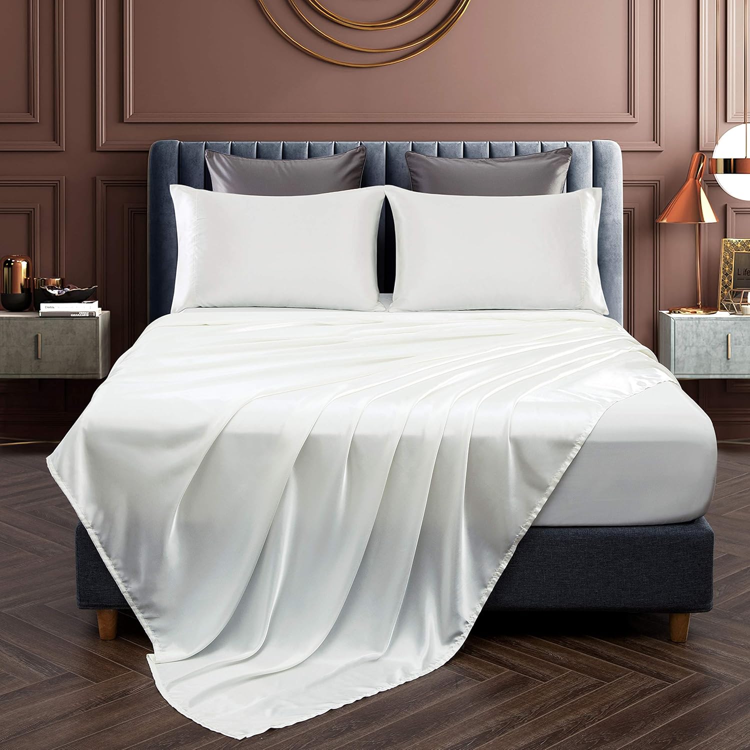 Chvonttow 4 Piece Satin Sheets King Size Luxury Silky Satin Bed Sheets Set, Wrinkle, Fade, Stain Resistant, 1 Deep Pocket Fitted Sheet + 1 Flat Sheet + 2 Pillowcases (Ivory White): Home & Kitchen