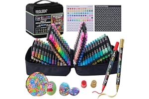 FEGLEEN 120 Colors Acrylic Paint Markers,Dual Tip Acrylic Marker Set With Fine Tip and Brush Tip Contain Metallic,Glitter,Neon,Morandi,Skin Tone Series for Rock Painting,Egg,Wood,Glass,Fabric,Crafts