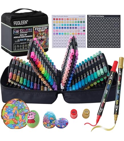 FansArriche 132 Color Dual Tip Acrylic Paint Markers Set - Fine & Brush Tips For Rocks, Wood, Glass, Canvas, DIY Crafts