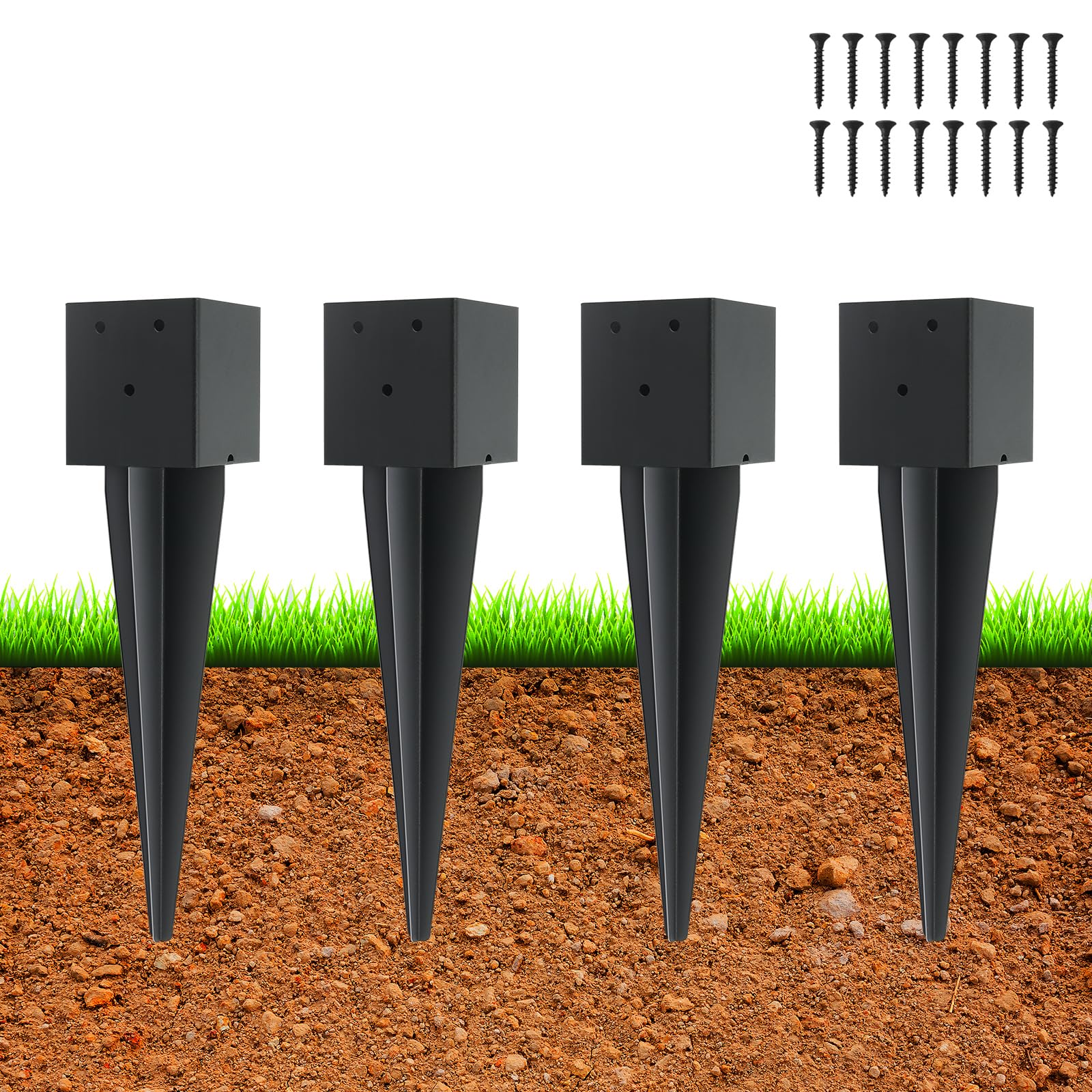 Photo 1 of 4 Pcs 4"x4" Fence Post Anchor Ground Spike,(Internal 3.6"x3.6"),Metal Post Stake Ground 16" with Black Powder-Coated,Fence Stakes Post Base for Deck,Fence,Porch,Railing,Mailbox