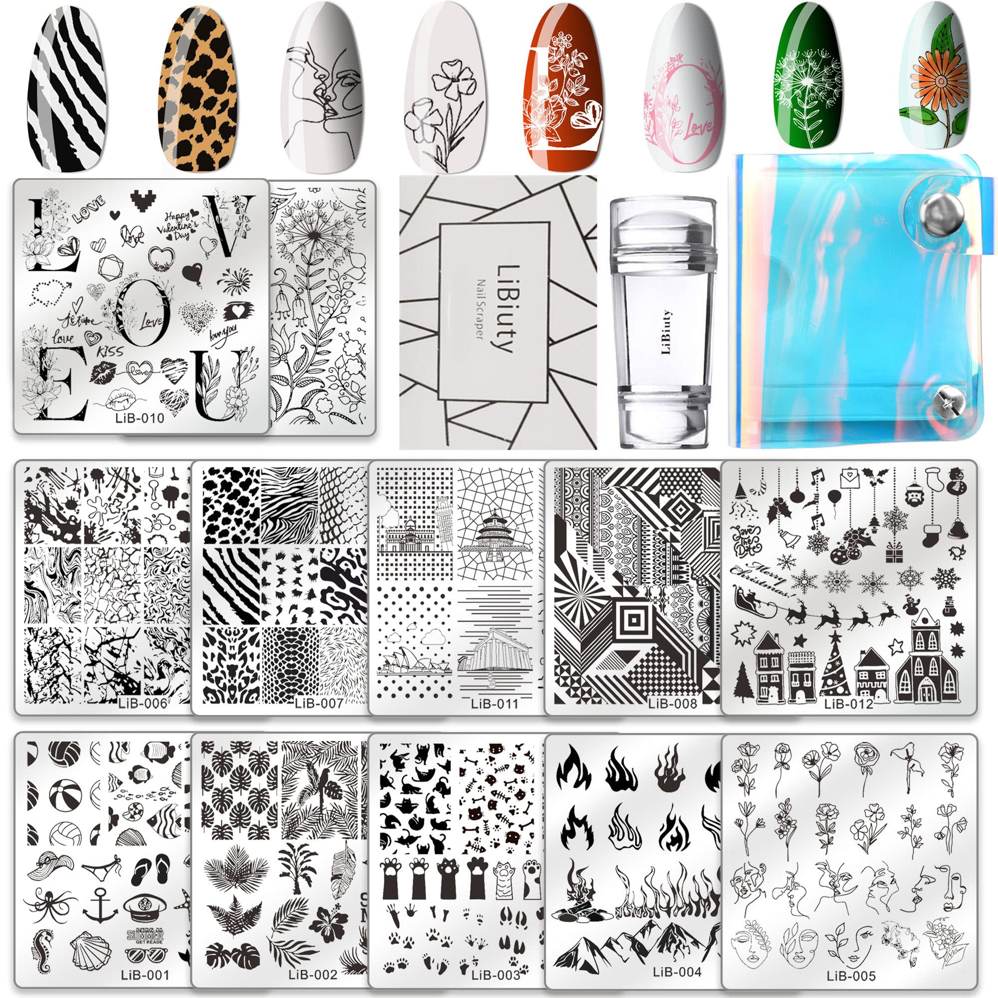 Nail Art Stamping Plates Kit, 12Pcs Nail Stamping Plates,1 Silicone Stamper, 1 Scraper,1 Storage Bag,Manicure Tool Kit for DIY Nail Art Designs,Summer Rose Flower Animal Mandala Mermaid Christmas