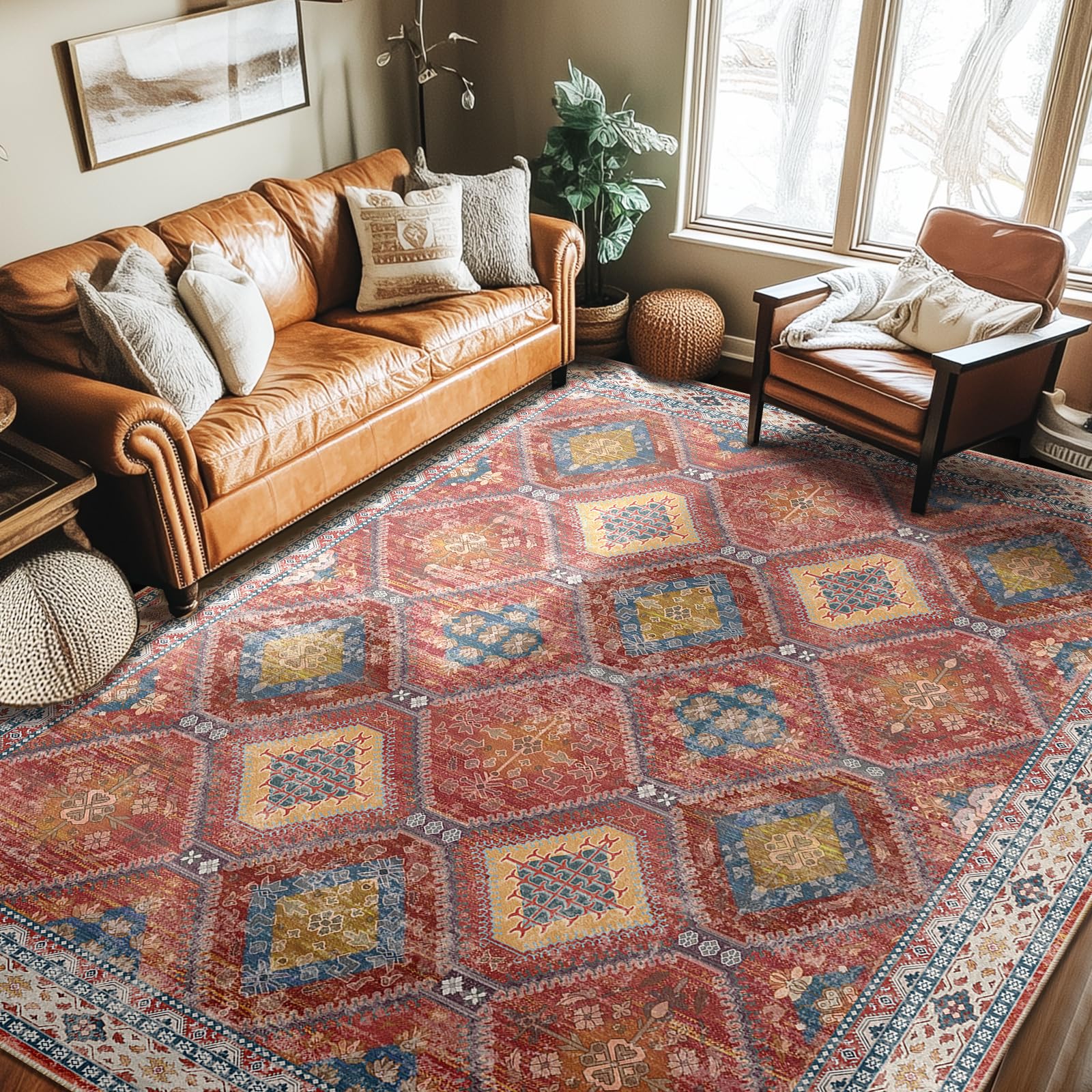 Photo 1 of CAPALOCA 5x7 Area Rug Bohemian Rugs with Print Trellis Pattern Stain Resistant Washable Carpet for Living Room and Girls Bedroom Red/Orange/Blue