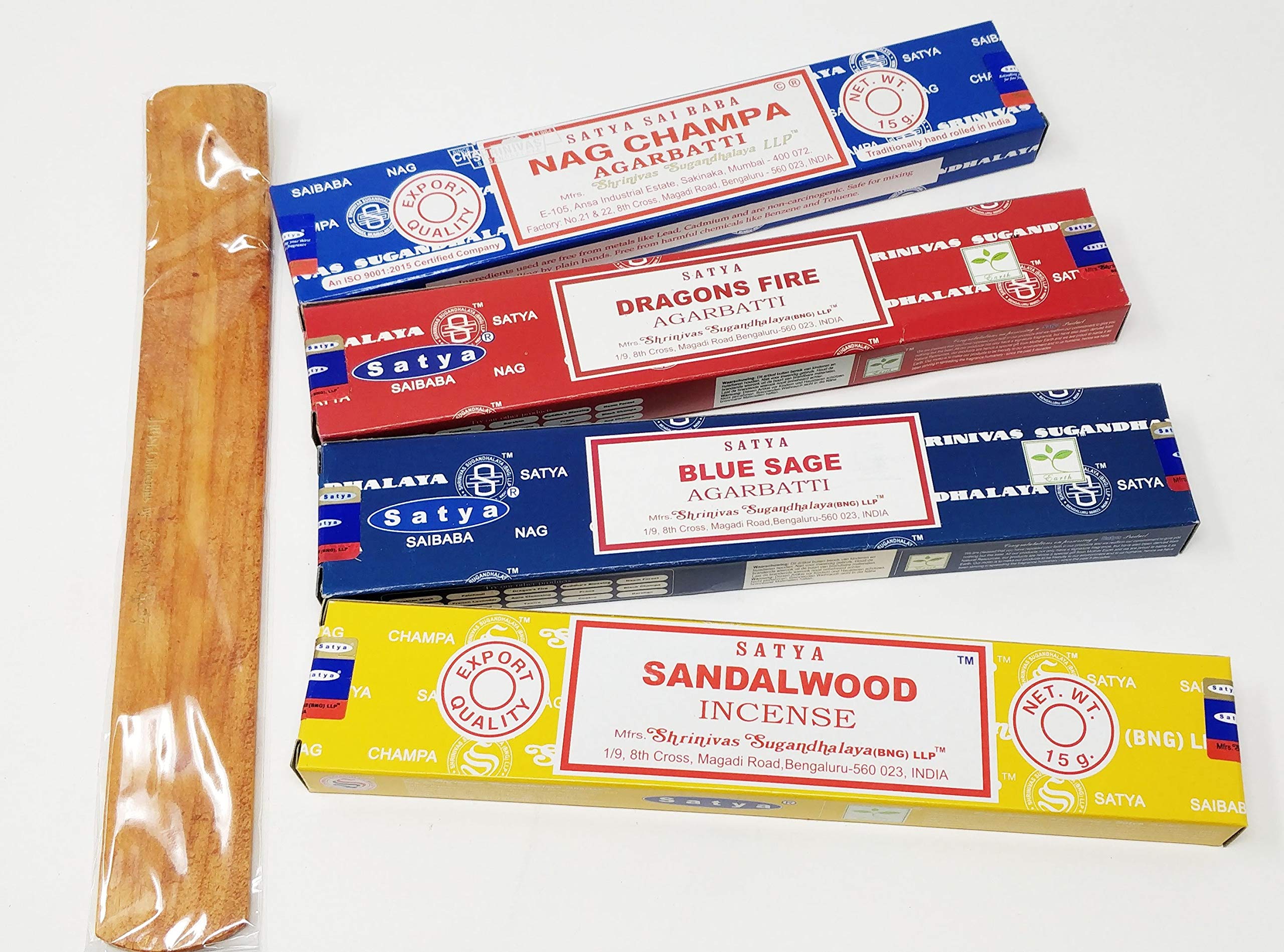 Satya Incense Sticks Mix Deal- Dragons Fire, Blue Sage, Sandalwood, Nagchampa with JR Incense Holder SN2