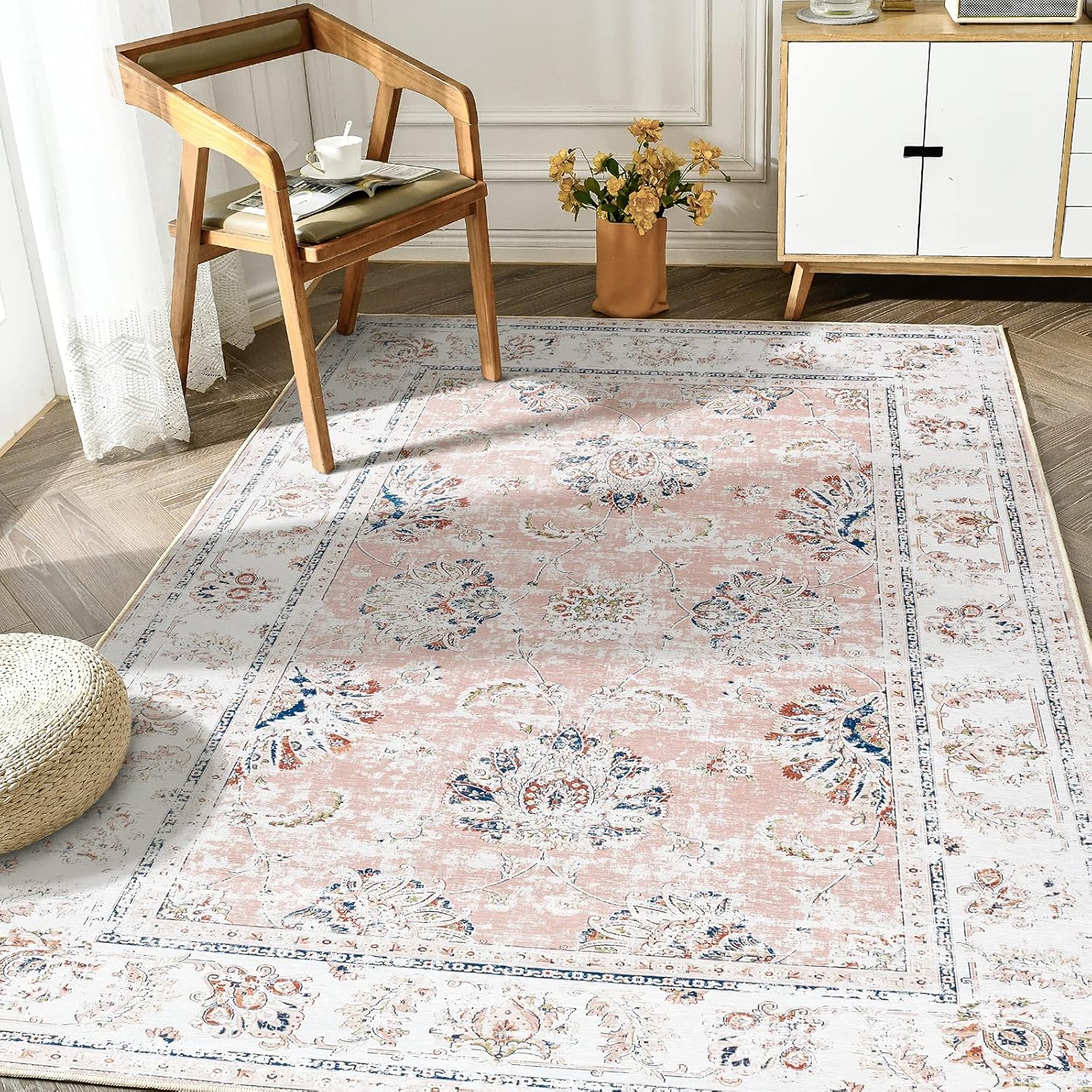 Rugs, Pads & Protectors - jinchan Area Rug 5x7 Washable Boho Bedroom Rug Thin Carpet Retro Pink Floral Print Indoor Mat Vintage Rug for Living Room Dining Room Kitchen