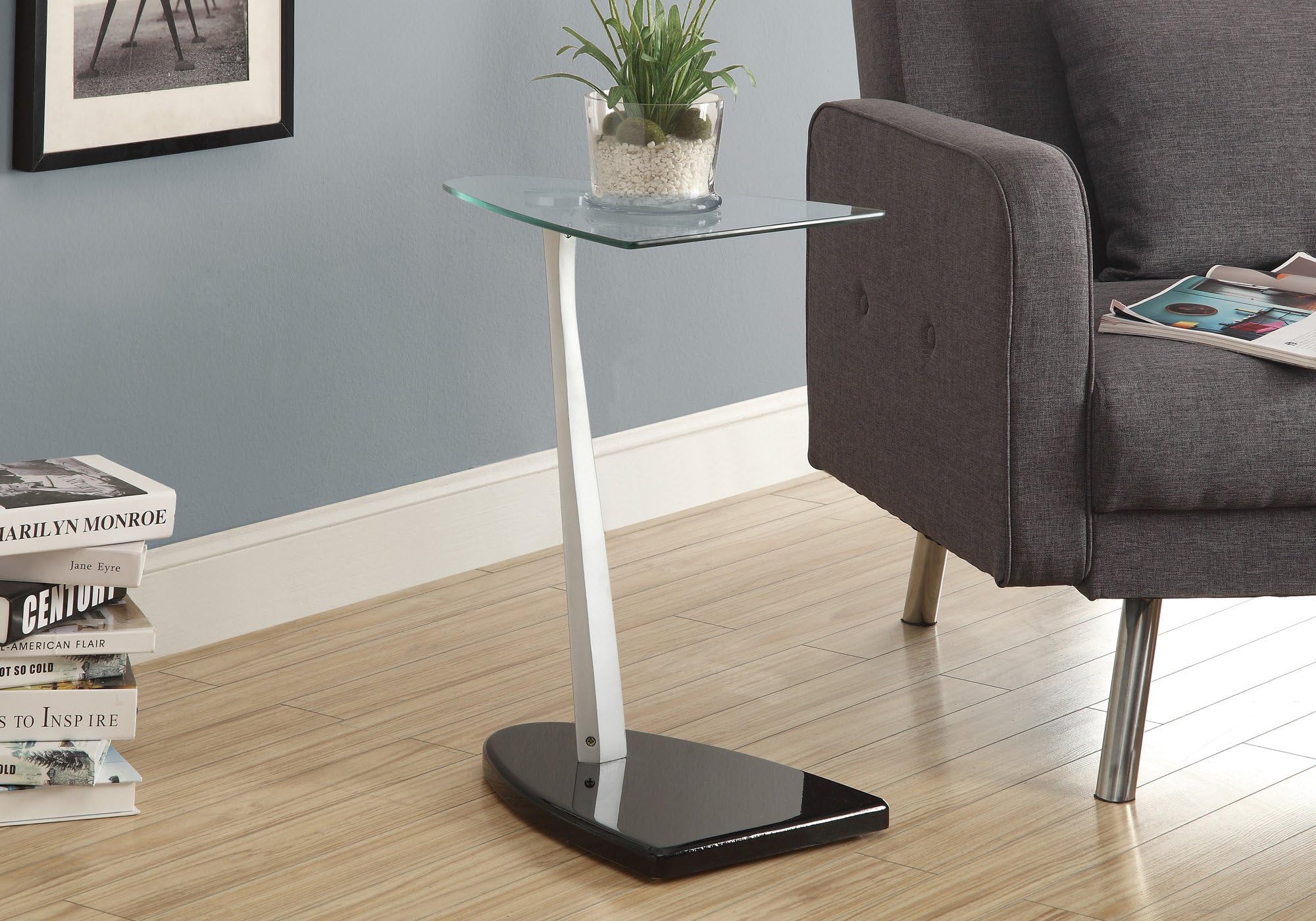 Monarch Specialties Accent table top tempered glass, 24" H, Glossy Black/Silver