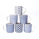 MACHUMA Set of 6 11.5 oz Coffee Mugs with Blue and White Geometric Patterns, Ceramic Tea Cup Set