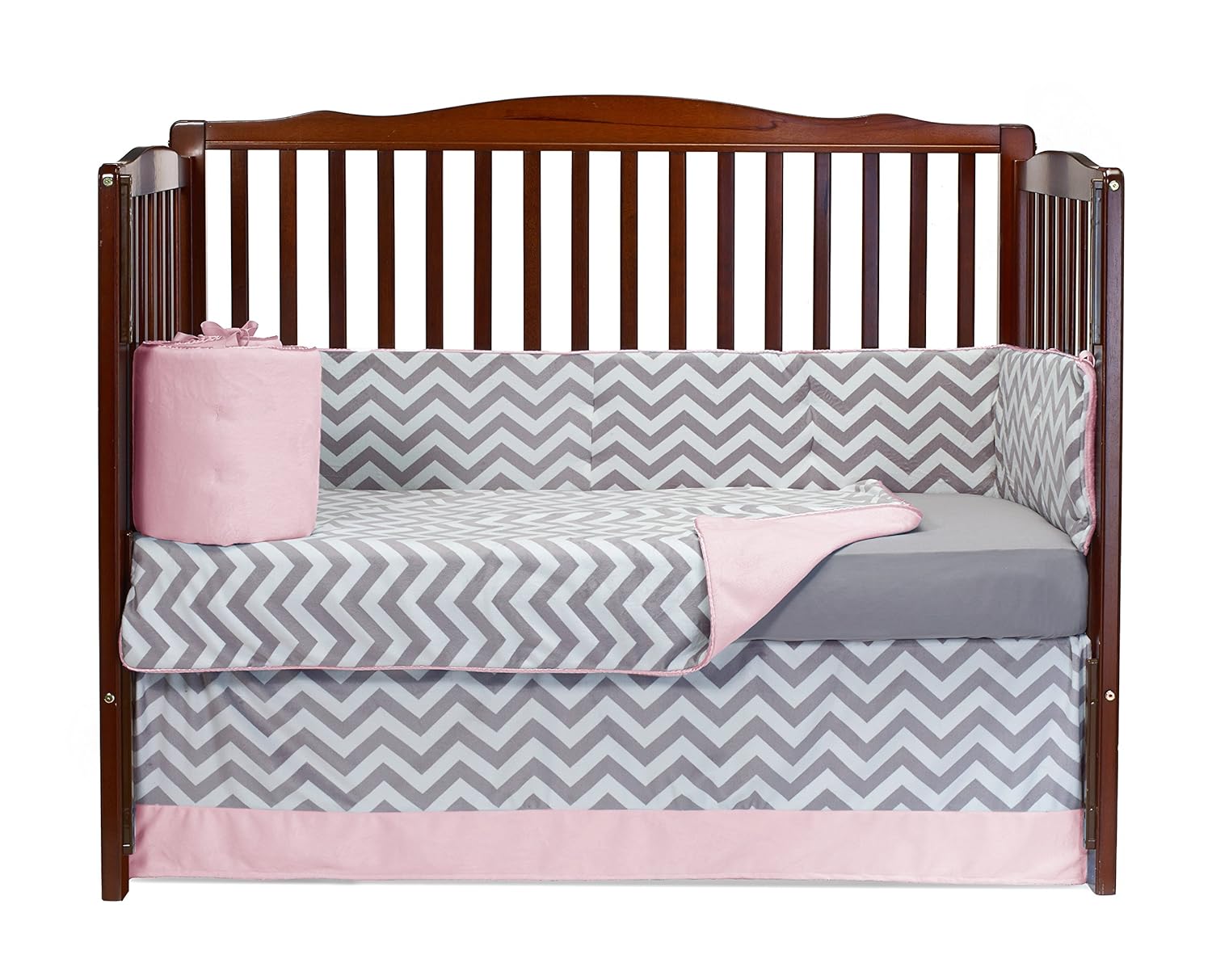 pink and grey chevron crib bedding